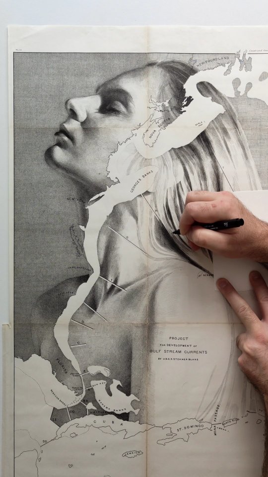 Do you recognise this coastline? 

A map titled "Project for Development of Gulf Stream Currents" (catchy) - a work in progress - a drawing I started a year or two ago, using one of the most minimal maps in my collection. 

This is more portrait than map, a self-indulgent exercise in the tightest crosshatching I can manage. It's a confidence-builder, a warmer-upper, and in a way I'll be sad when it's finished.